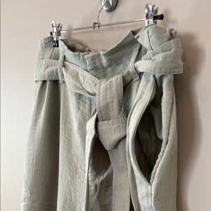 Linen Style High Waisted Paperbag Sage Green Straight Leg Pants